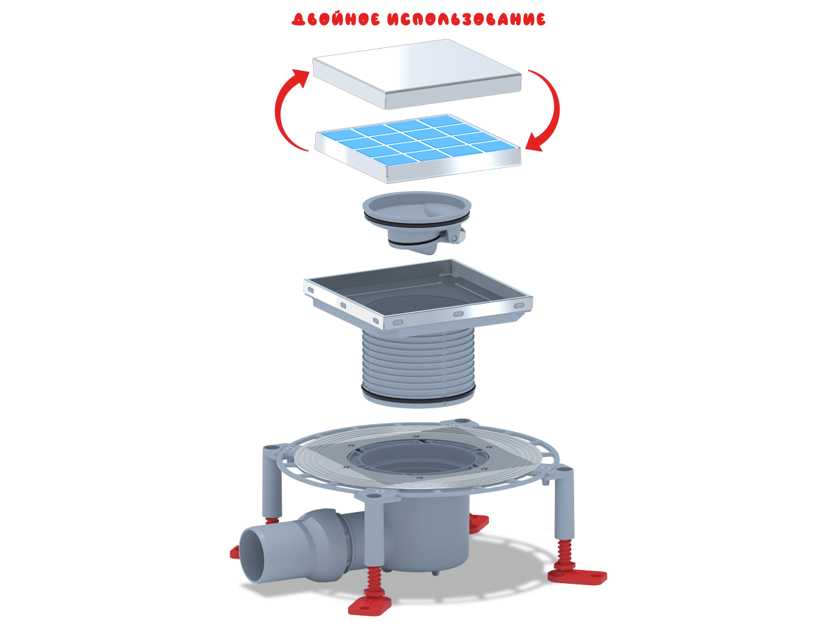 Трап для душа АНИ Пласт THQ5812 DN50 горизонтальный регулируемый с сухим затвором и решёткой из нержавеющей стали 150х150 мм под плитку