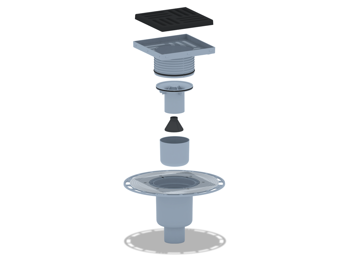 Трап для душа АНИ Пласт THZ5716 DN50 высокий вертикальный регулируемый с комбинированным затвором и решёткой из чугуна 150х150 мм