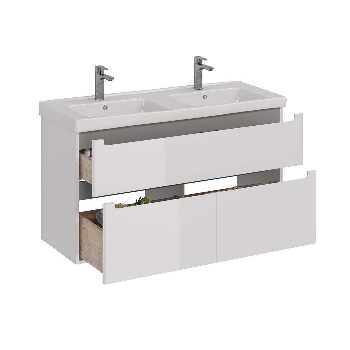 Тумба Lemark BUNO 125 см под 2 раковины, подвесная/напольная, 4 ящика, цвет планки: Серый, цвет корп