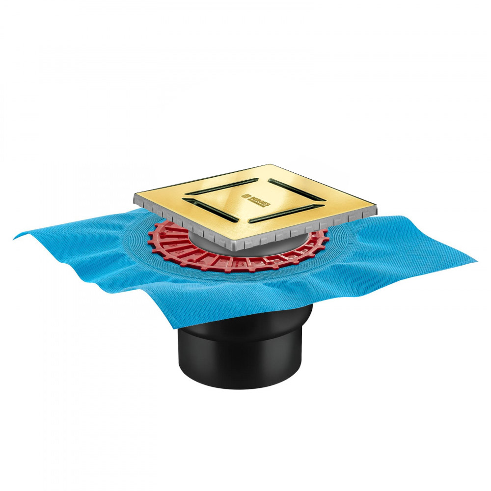 Трап водосток ZENTRUM Norma 150х150, золото глянец, выпуск D50/75/110 H74 вертикальный, BERGES