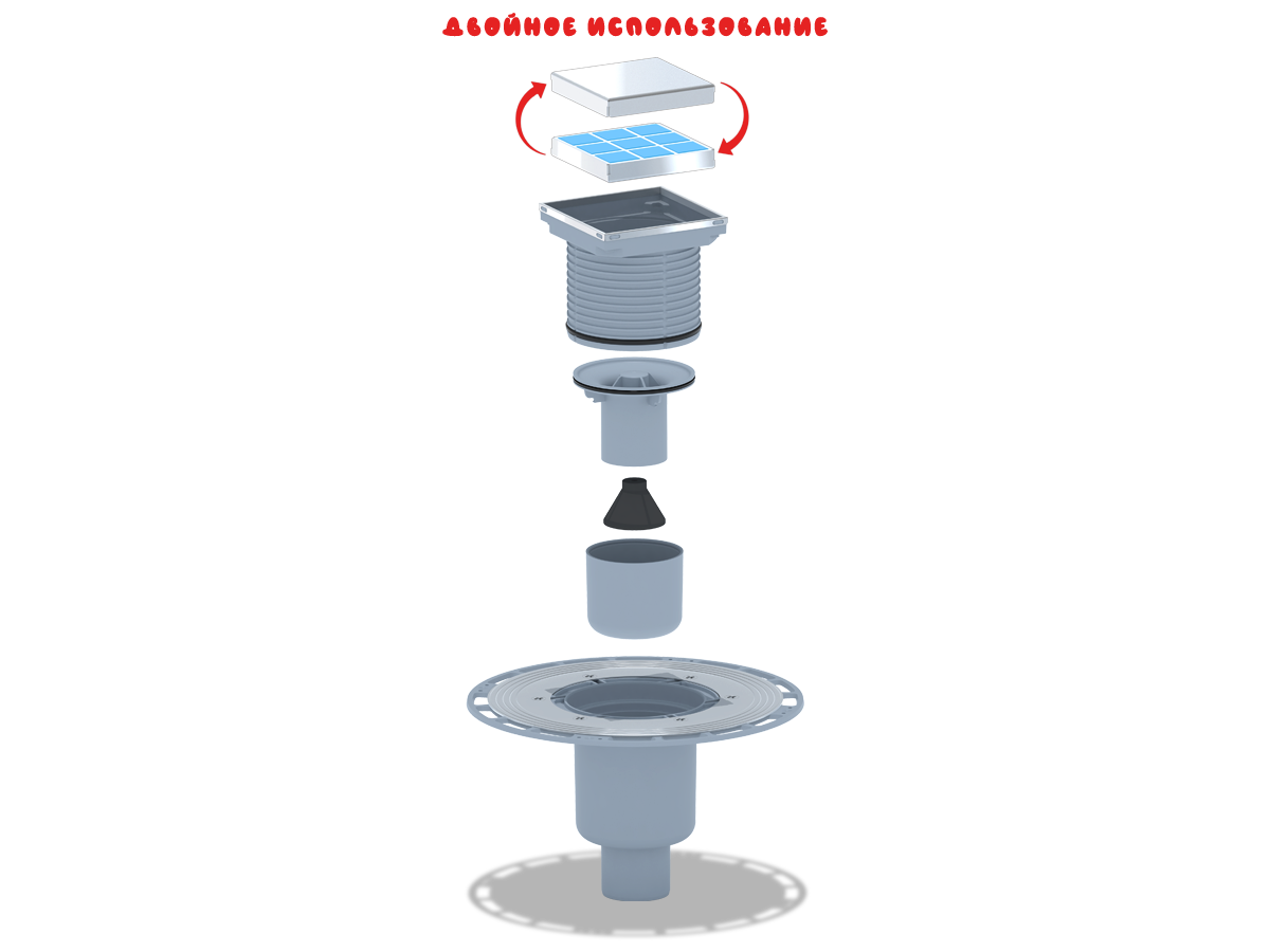 Трап для душа АНИ Пласт THZ5902 DN50 вертикальный регулируемый с комбинированным затвором и решёткой из нержавеющей стали 100х100 мм под плитку