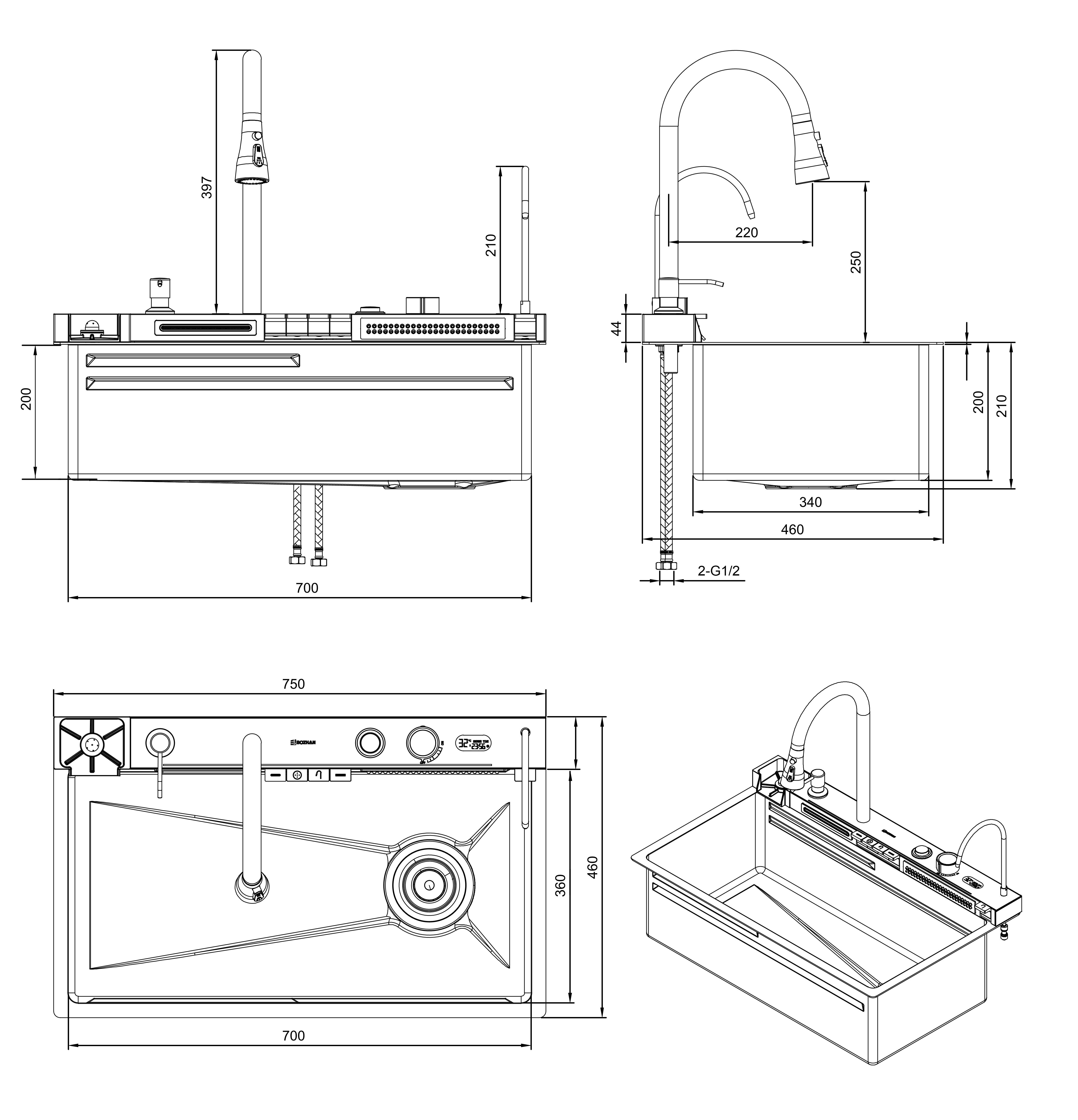 Кухонная мойка многофункциональная ПРОФСАН PSM-9951GR готовое решение со смесителем, нержавеющая сталь, графит