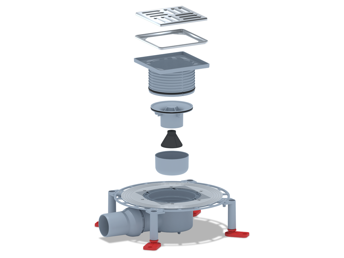 Трап для душа АНИ Пласт TVZ5614M DN50 горизонтальный регулируемый с комбинированным затвором, решёткой и обрешеткой из нержавеющей стали 120х120 мм
