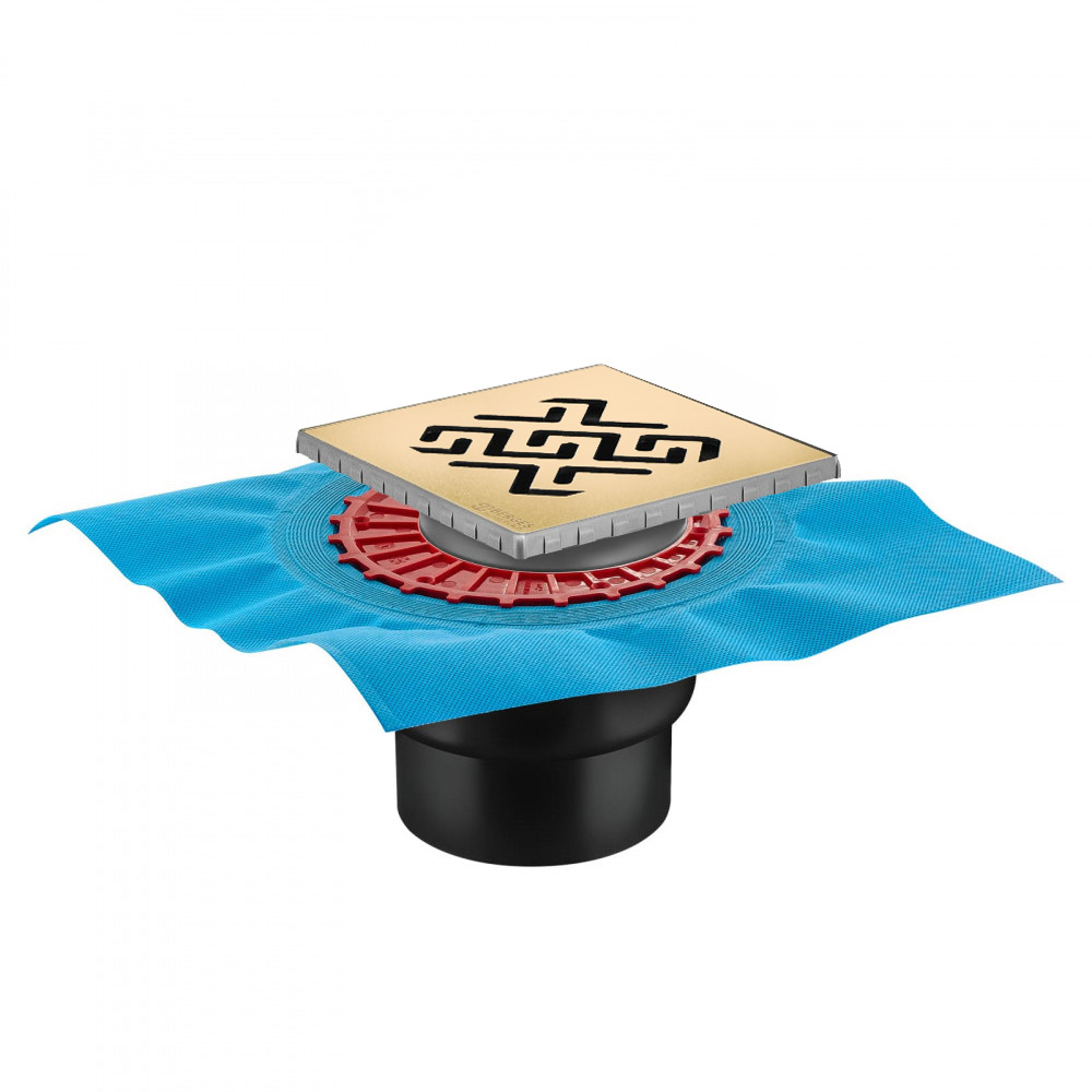 Трап водосток ZENTRUM Antik 150х150, золото глянец, выпуск D50/75/110 H74 вертикальный, BERGES