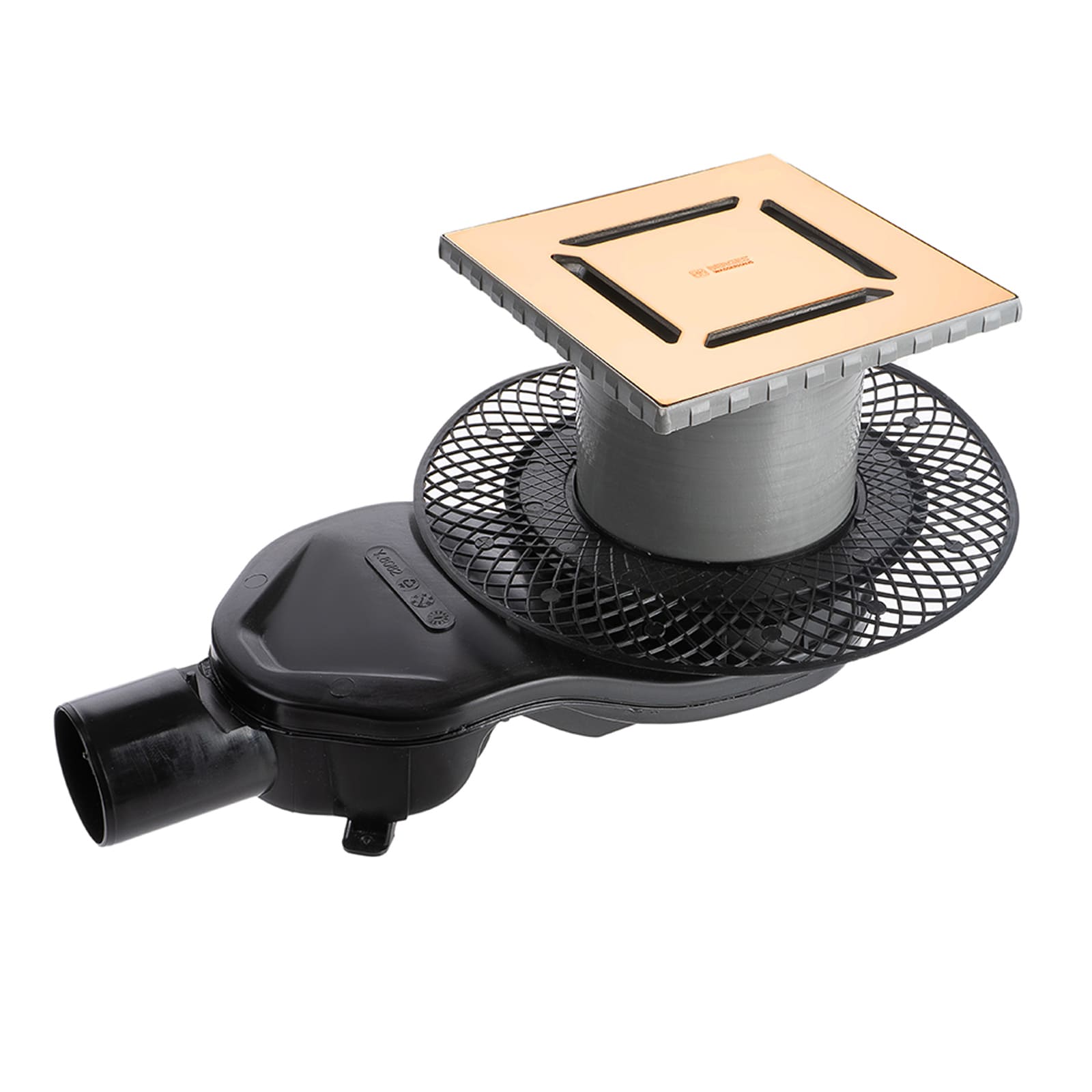 Трап водосток PLATZ Norma 150х150, золото глянец, S-сифон D50 H60 боковой, BERGES