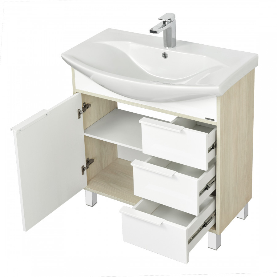 Тумба РИКО 80, белая, ясень фабрик (под раковина СМАЙЛ 80)