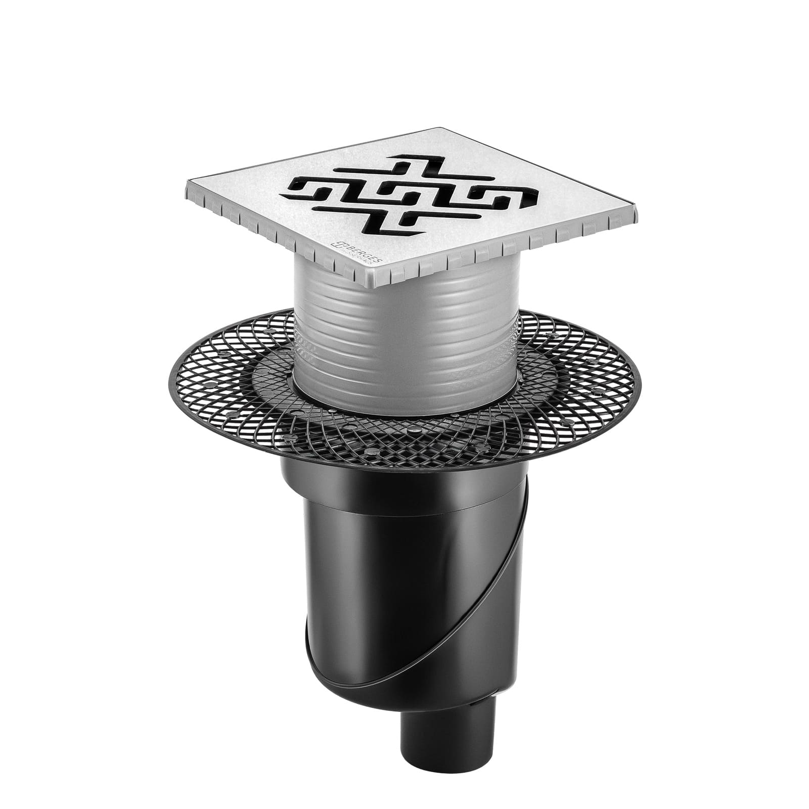 Трап водосток PLATZ Antik 150х150, хром глянец, S-сифон D50/105 H50 вертикальный, BERGES