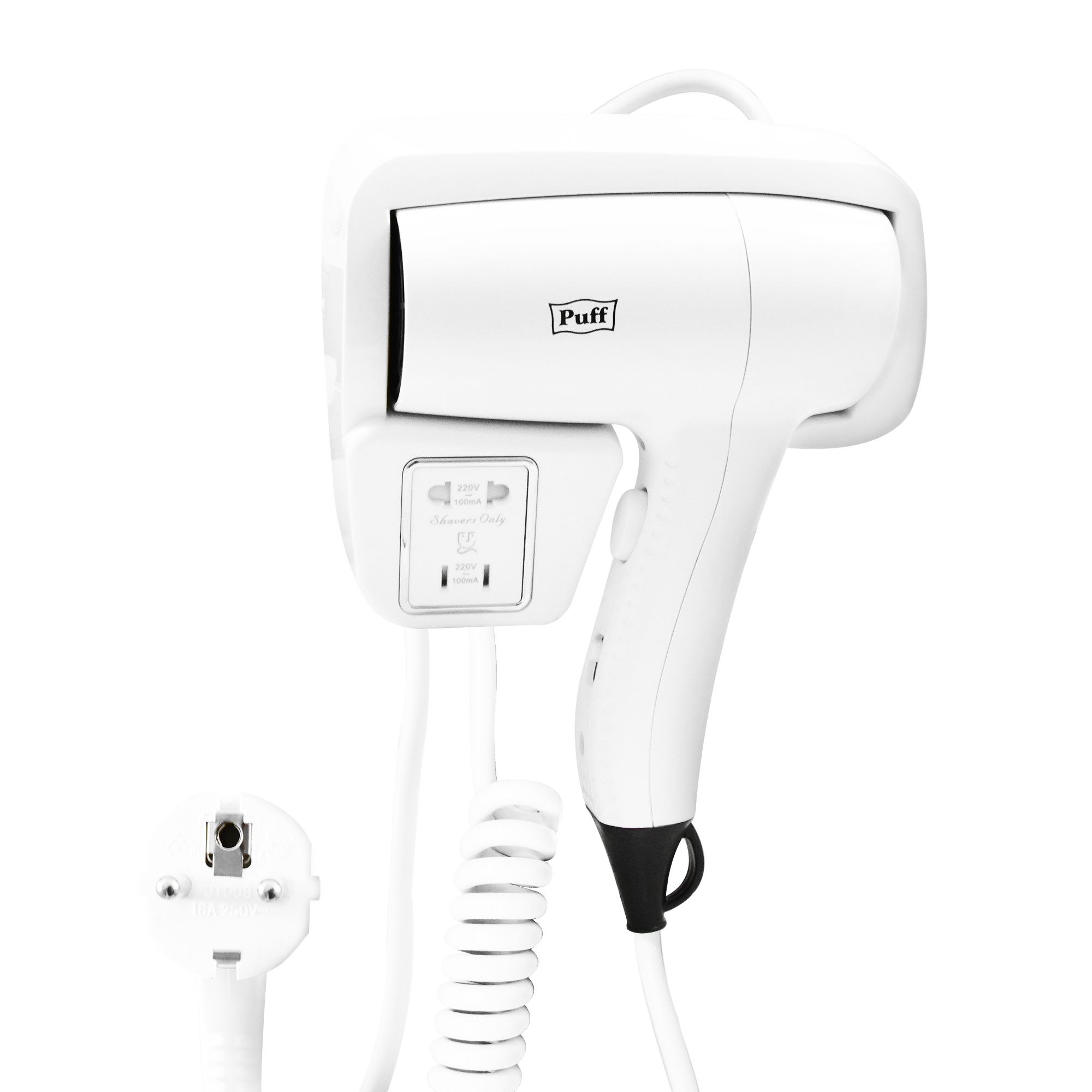 Фен для волос настенный PUFF-1201В белый, с розеткой, 1,2 кВТ (1405.007)