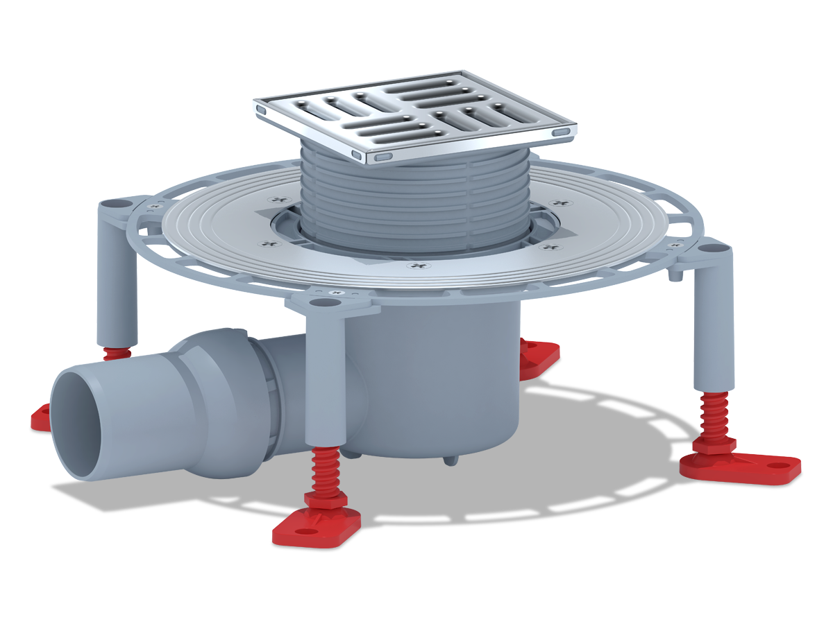 Трап горизонтальный регулируемый АНИ Пласт THA5602 выпуск 50 мм с решеткой из нержавеющей стали 100х100 мм