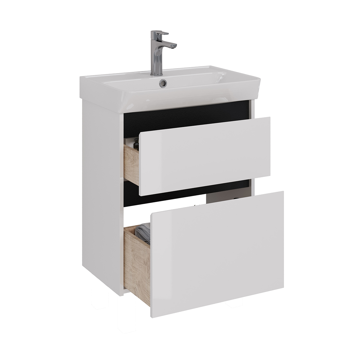 Тумба Lemark COMBI 60 см под 1 раковину, подвесная/напольная, 2 ящика, цвет планки: Чёрный, цвет кор