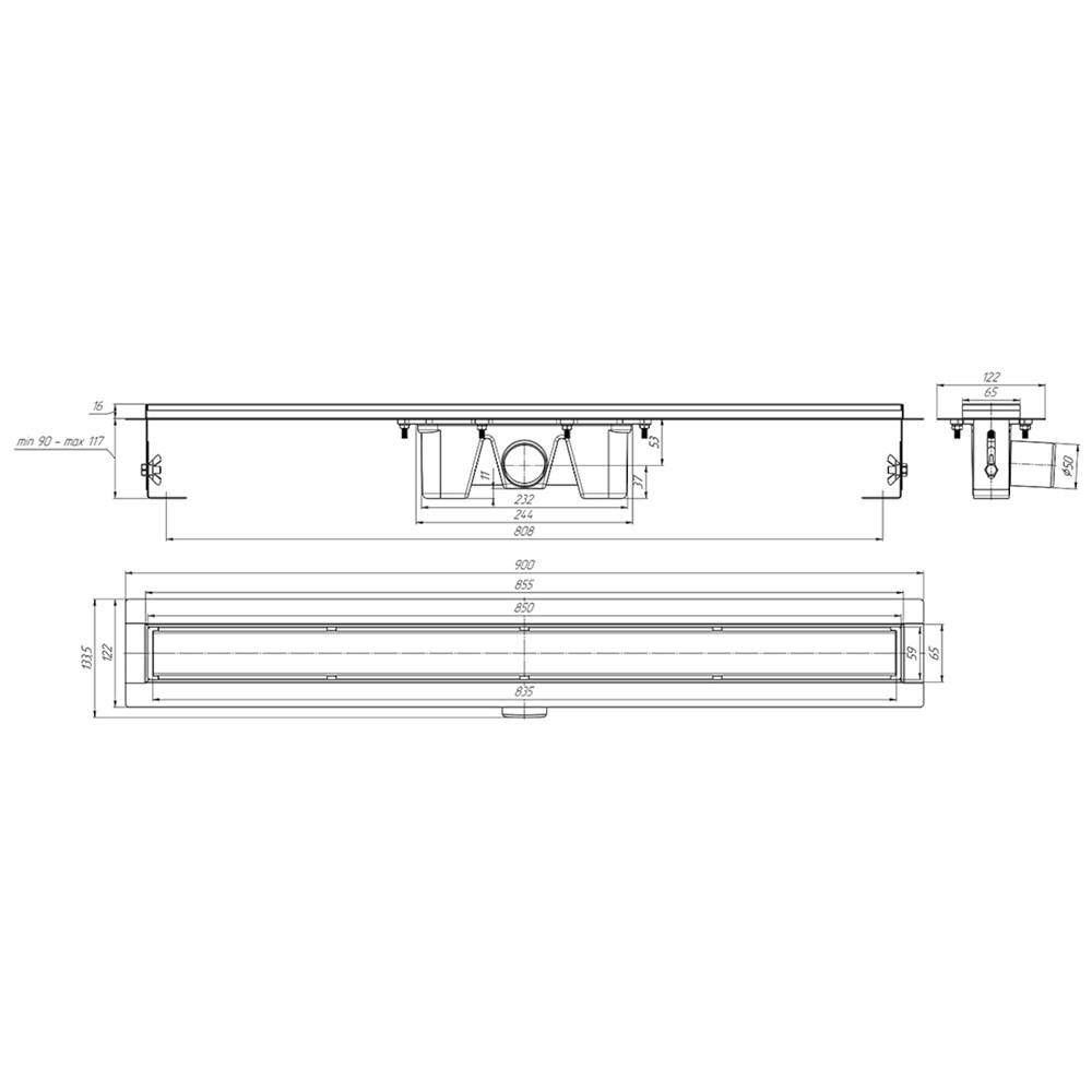 Трап линейный из нержавеющей стали АНИ Пласт TLZ2185G DN50 с комбинированным затвором глянцевой решёткой Штиль 850х65 мм