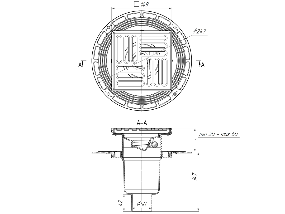 Трап для душа АНИ Пласт THQ5712 DN50 вертикальный регулируемый с сухим затвором и решёткой из нержавеющей стали 150х150 мм