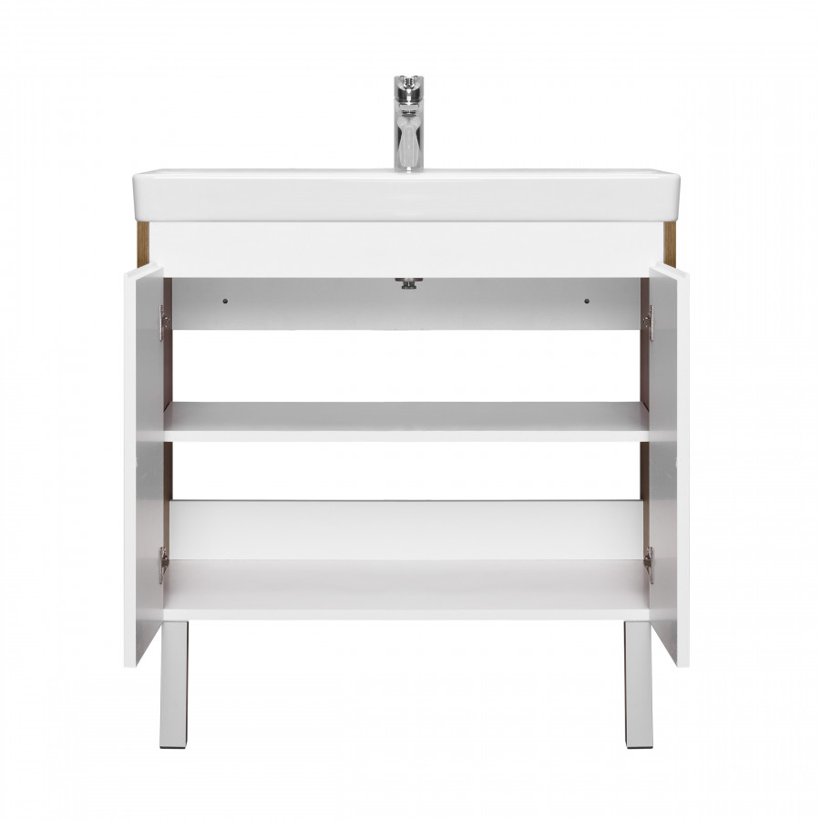 Тумба СКАНДИ DOORS 80, универс., 2 дв., белый глянец/дуб рустикальный (под раковину АДРИАНА 80)