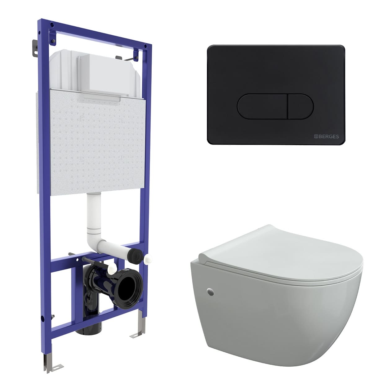 Комплект для монтажа подвесного унитаза: инсталляция NOVUM525, кнопка D5 Soft Touch черная, унитаз O