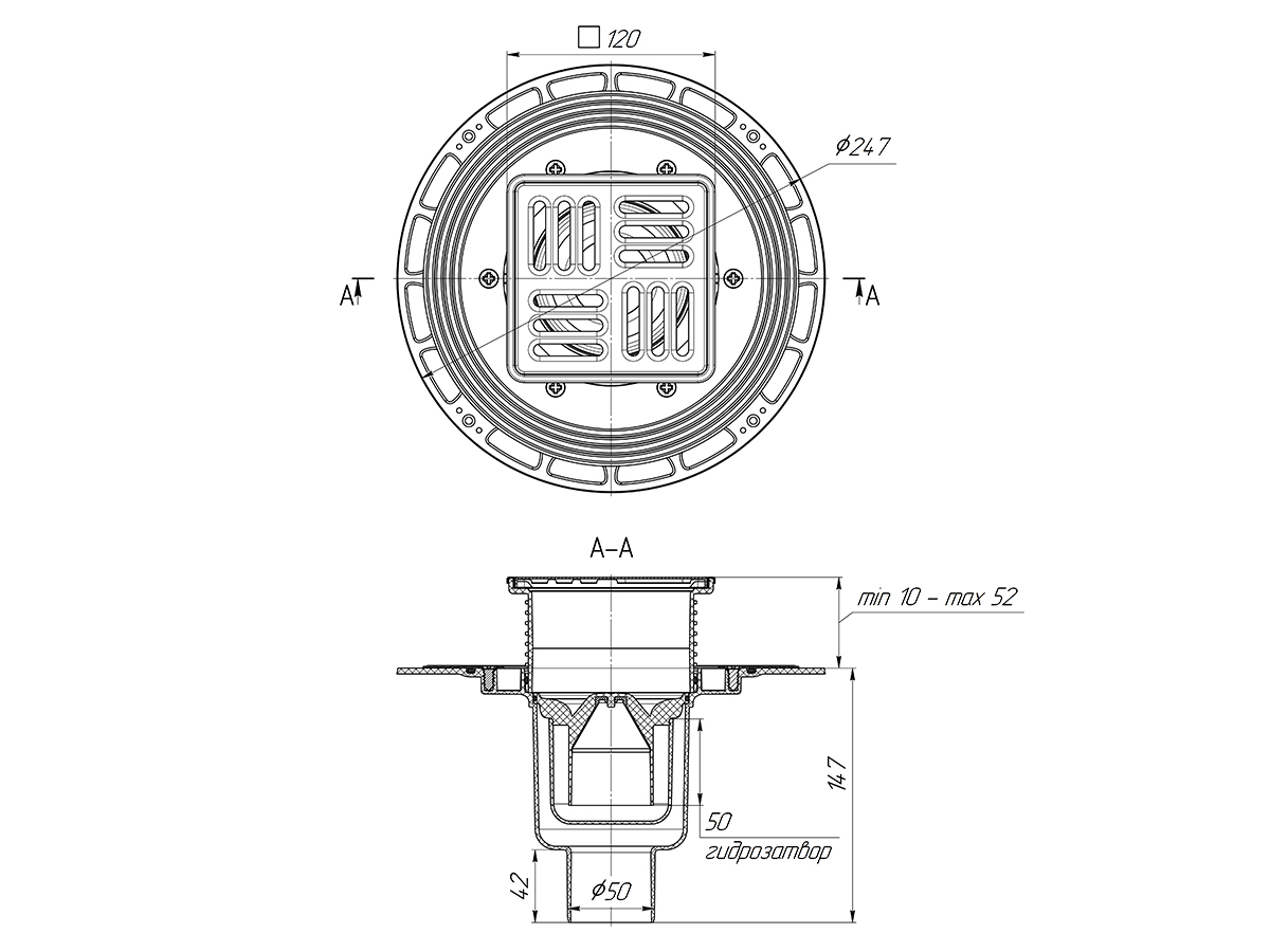 Трап для душа АНИ Пласт THZ5714M DN50 высокий вертикальный регулируемый с комбинированным затвором, с решёткой и обрешеткой из нержавеющей стали 120х120 мм