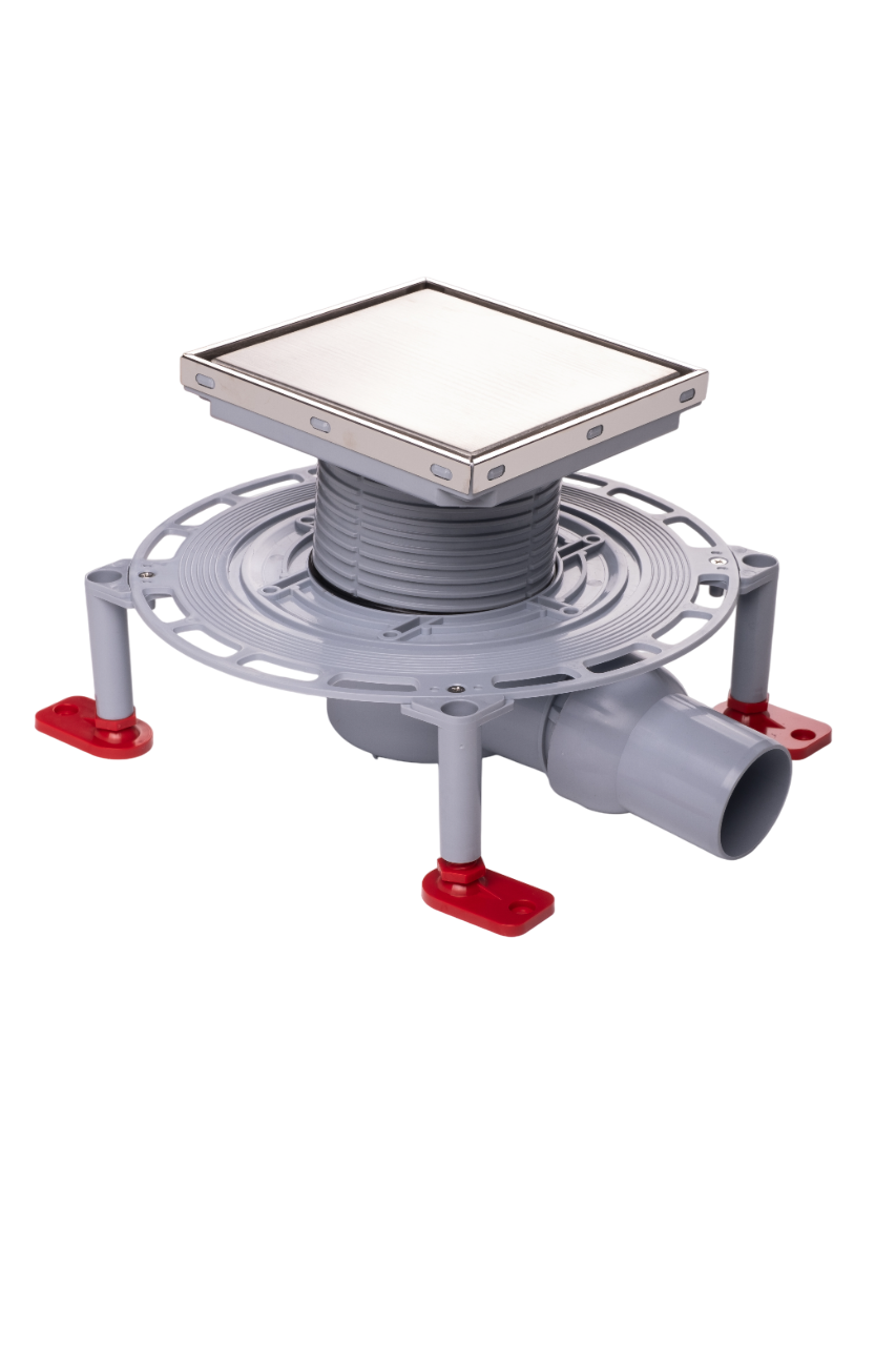 Трап горизонтальный регулируемый АНИ Пласт THA5612 выпуск 50 мм с решеткой из нержавеющей стали 150х150 мм