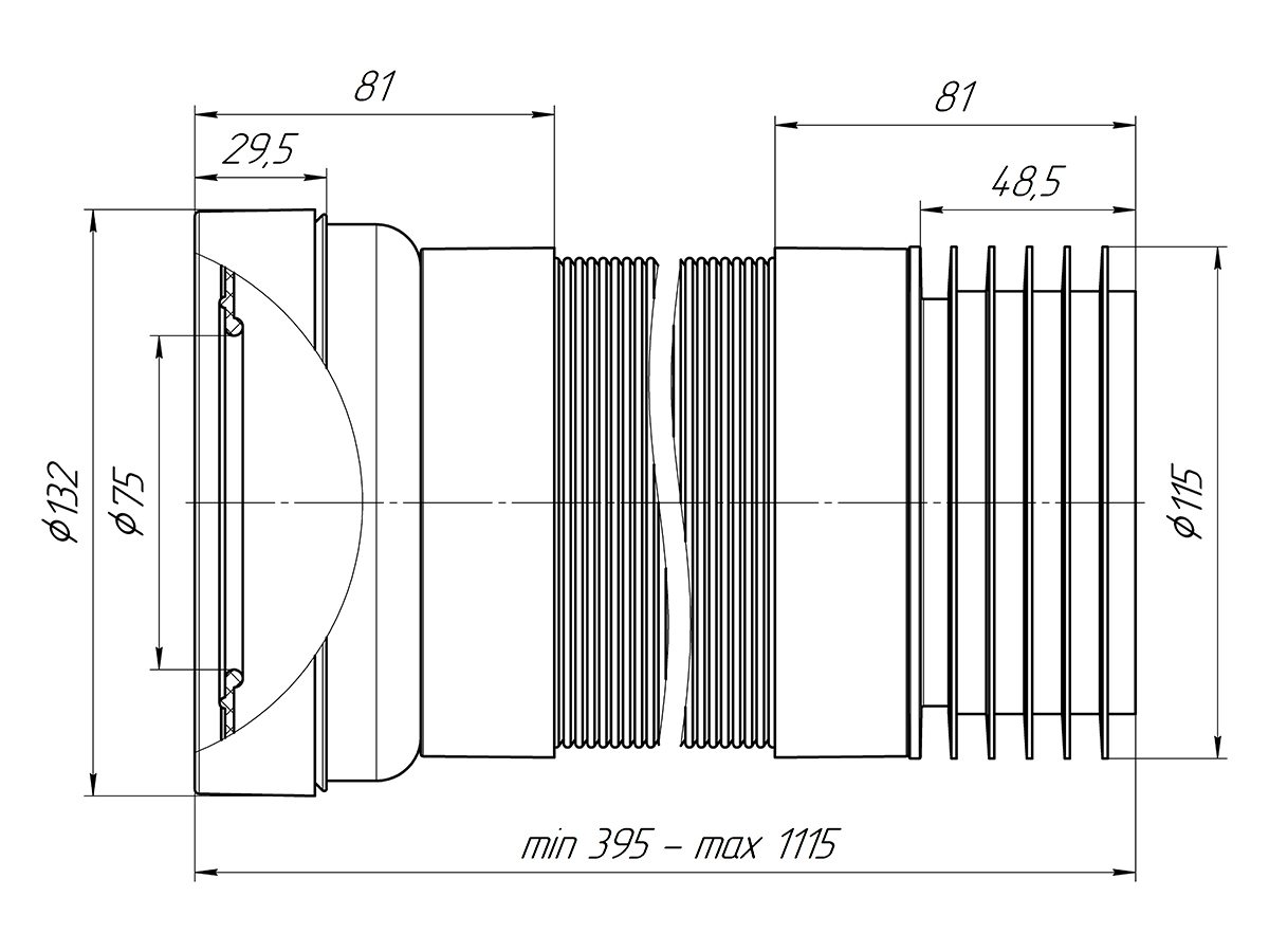 Удлинитель гибкий для унитаза АНИ Пласт K738R выпуск 110 мм 395-1115 мм