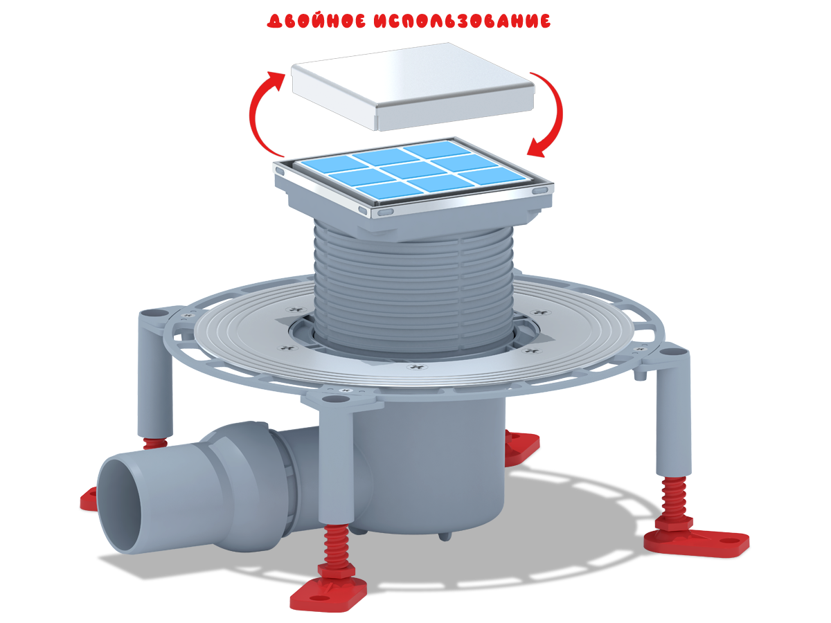 Трап горизонтальный регулируемый АНИ Пласт THA5802 выпуск 50 мм с решеткой из нержавеющей стали 100х100 мм под плитку