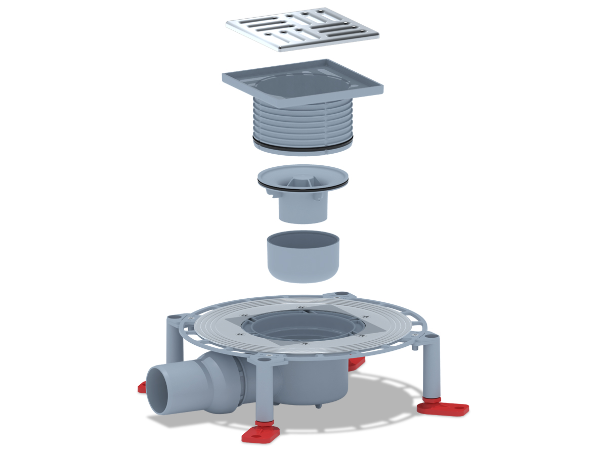 Трап горизонтальный регулируемый АНИ Пласт TVA5614 выпуск 50 мм с решеткой из нержавеющей стали 120х120 мм