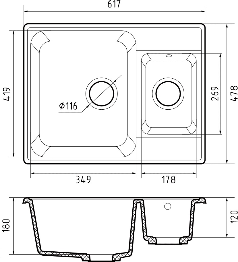 GranFest QUARZ (ECO-09) Мойка 1.5-чаш. 620*480 (серый)