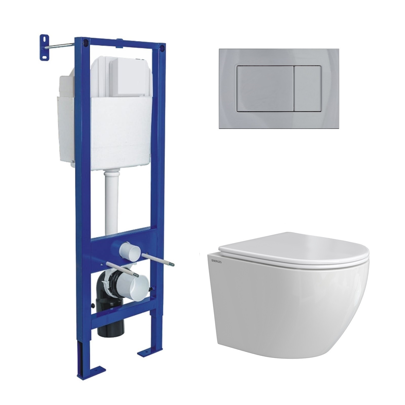 Комплект: инсталляция АТОМ кнопка хром глянец, унитаз OKUS Rimless 49 см, сиденье дюропласт микролиф