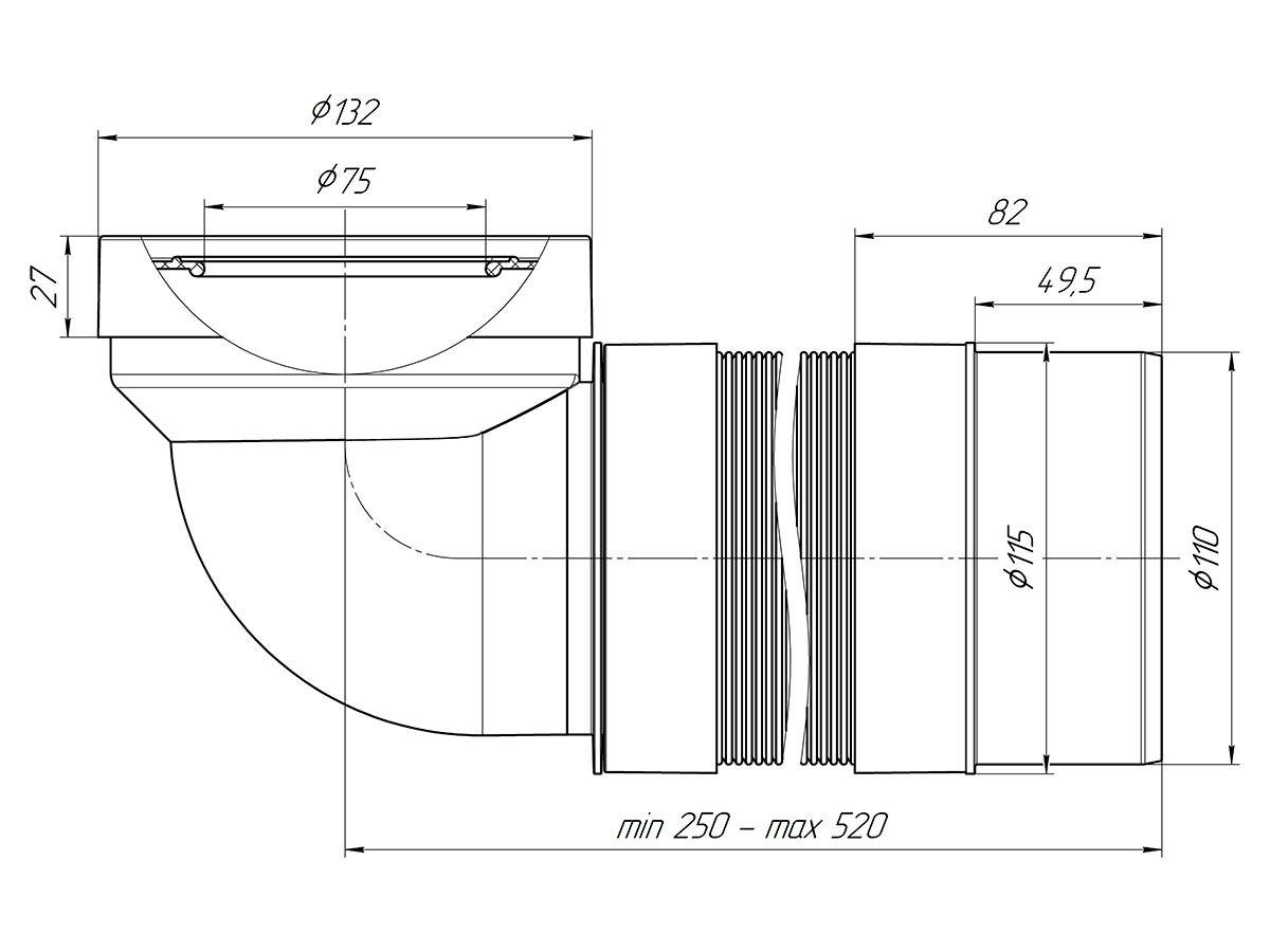 Удлинитель гибкий для унитаза АНИ Пласт K712R угол 90 градусов выпуск 110 мм 250-520 мм
