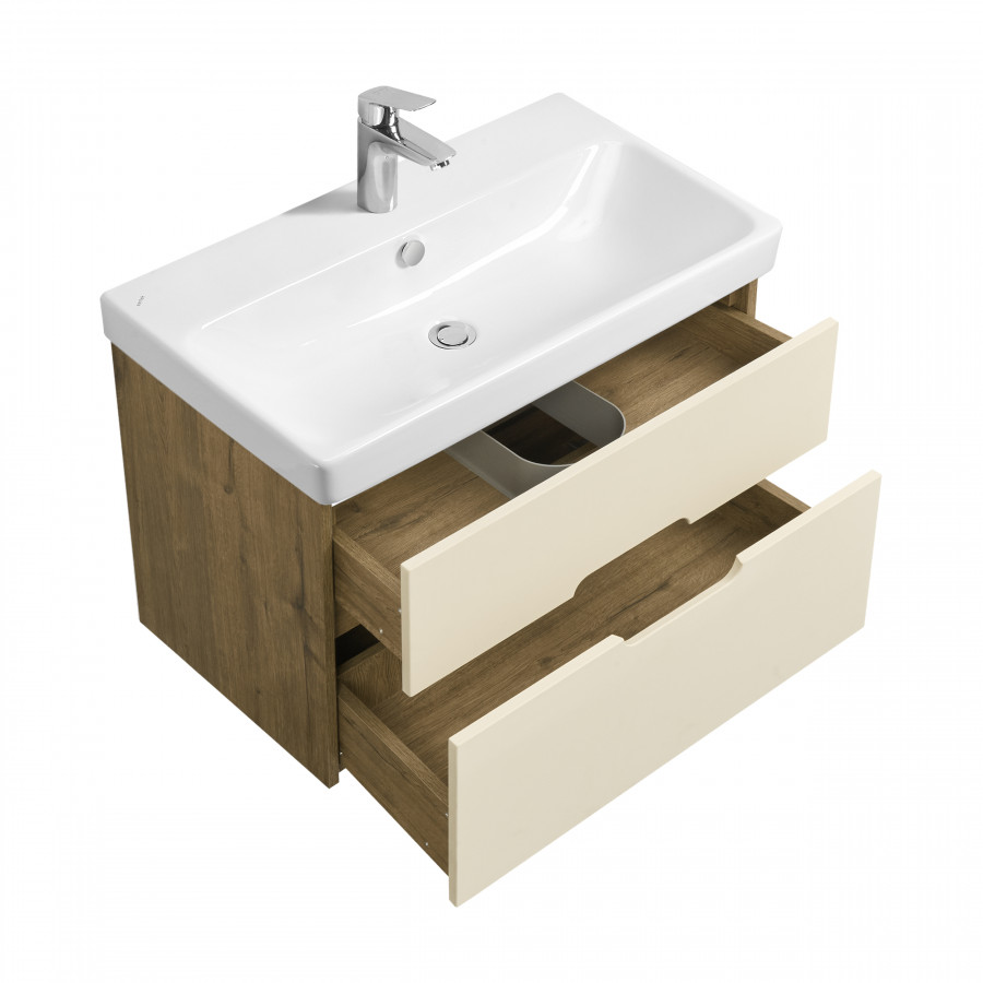 Тумба ОЛИВИЯ 80 подвесная, 2 ящ., бежевый/дуб веллингтон (под раковину АДРИАНА 80)