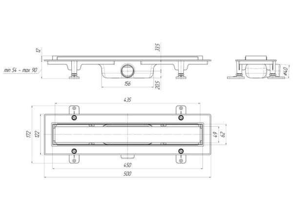 Трап линейный пластиковый АНИ Пласт TL1145G выпуск 40 мм решётка Штиль глянцевая нержавеющая сталь 450 мм