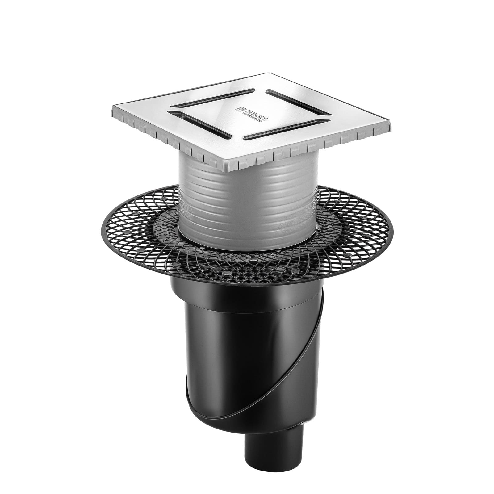 Трап водосток PLATZ Norma 150х150, матовый хром, S-сифон D50/105 H50 вертикальный, BERGES