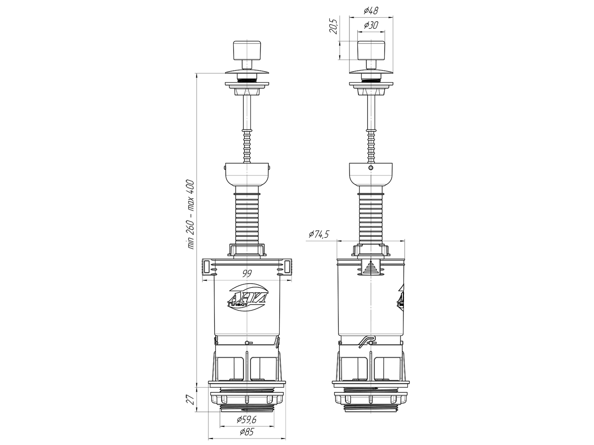 Арматура спускная ШТОК пластик белый ручка, ANI PLAST