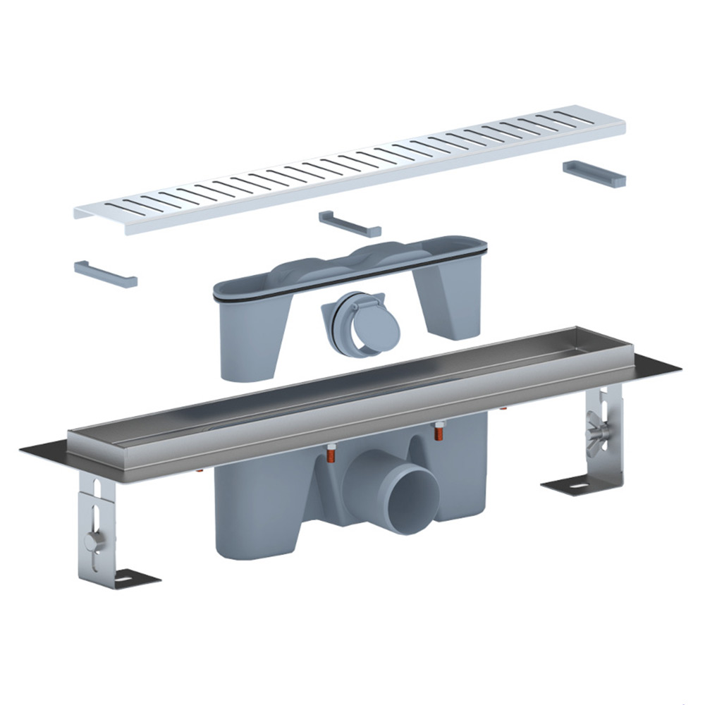 Трап линейный из нержавеющей стали АНИ Пласт TLZ2445G DN50 с комбинированным затвором глянцевой решёткой Бимс 450х65 мм