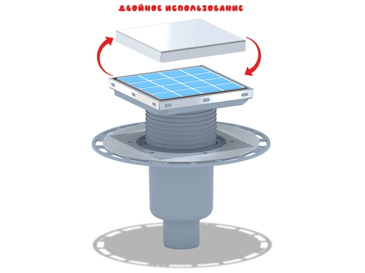 Трап для душа АНИ Пласт THQ5912 DN50 вертикальный регулируемый с сухим затвором и решёткой из нержавеющей стали 150х150 мм