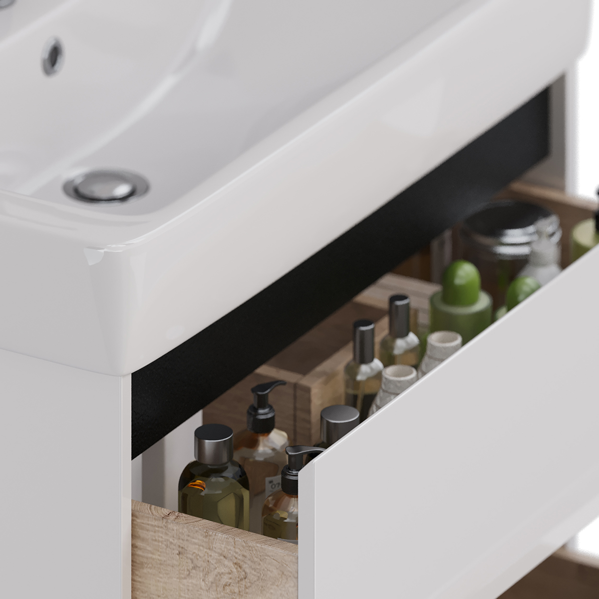 Тумба Lemark COMBI 80 см под 1 раковину, подвесная/напольная, 2 ящика, цвет планки: Чёрный, цвет кор