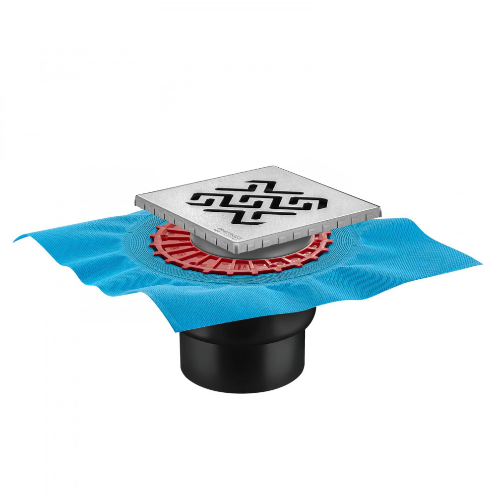 Трап водосток ZENTRUM Antik 150х150, матовый хром, выпуск D50/75/110 H74 вертикальный, BERGES