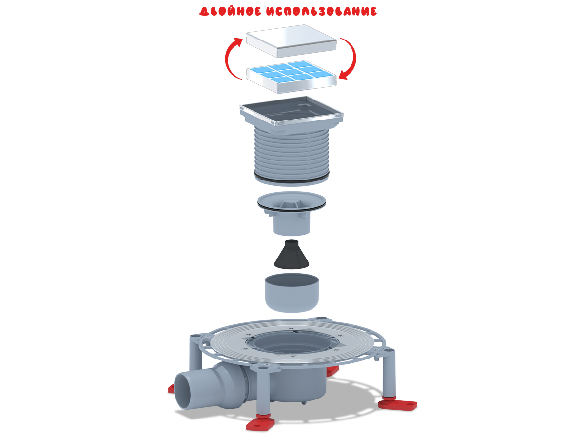 Трап для душа АНИ Пласт TVZ5802 DN50 горизонтальный регулируемый с комбинированным затвором и решёткой из нержавеющей стали 100х100 мм под плитку