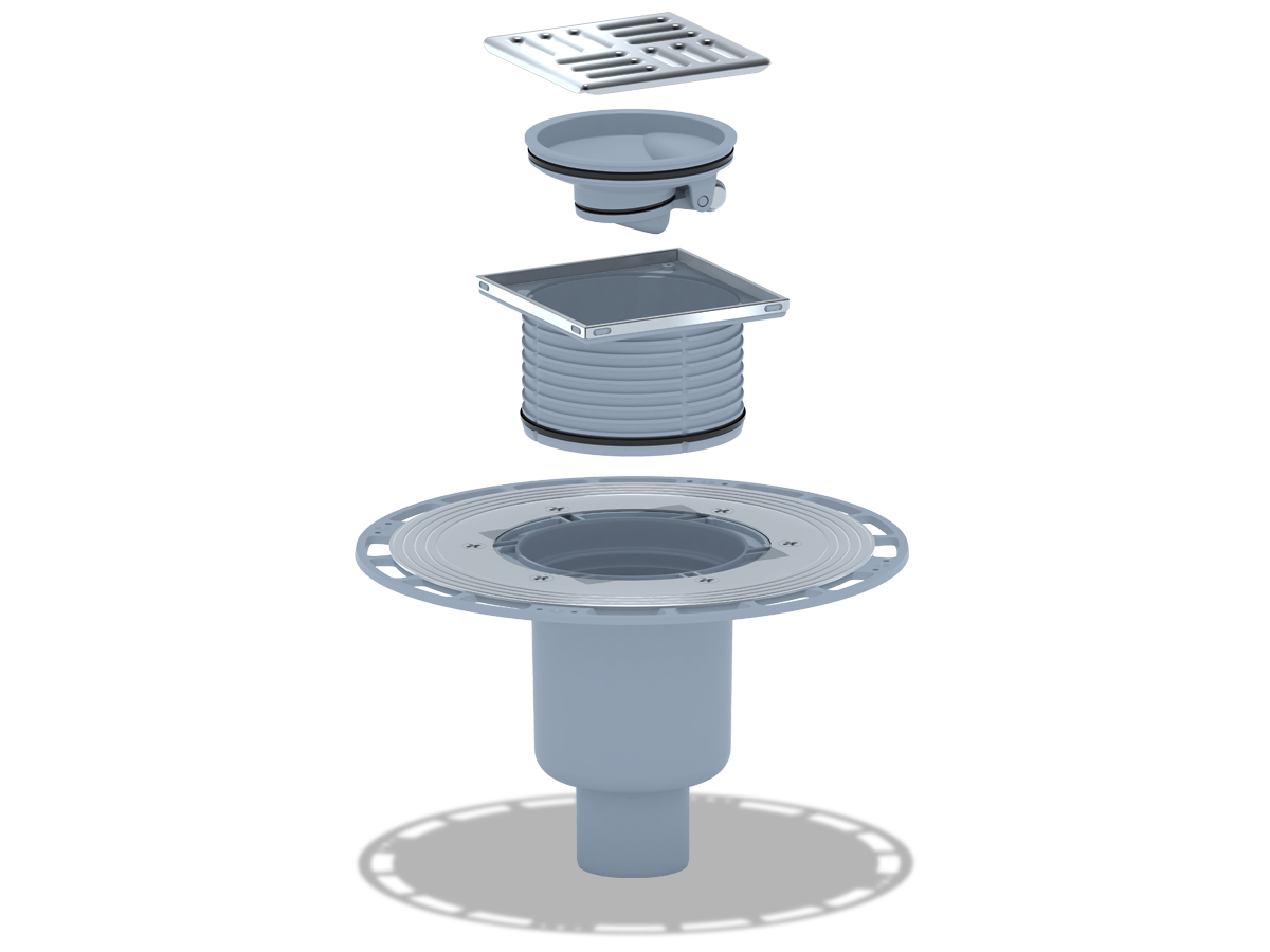 Трап для душа АНИ Пласт THQ5702 DN50 вертикальный регулируемый с сухим затвором и решёткой из нержавеющей стали 100х100 мм