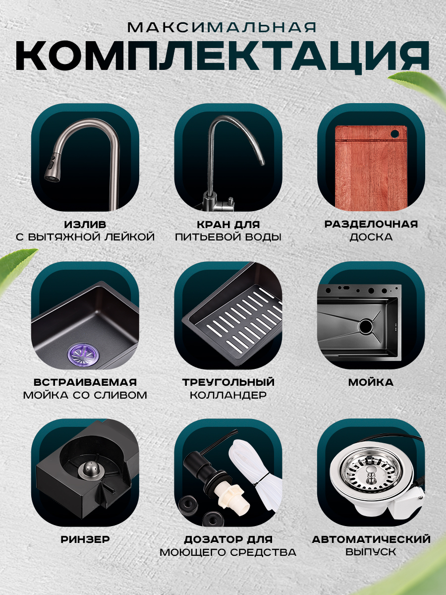 Кухонная мойка многофункциональная ПРОФСАН PSM-9951GR готовое решение со смесителем, нержавеющая сталь, графит