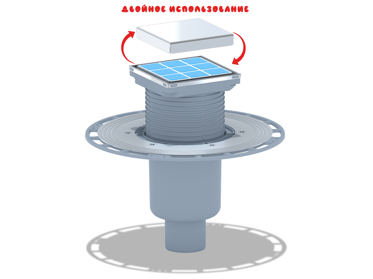 Трап вертикальный регулируемый АНИ Пласт THA5902 выпуск 50 мм с решеткой из нержавеющей стали 100х100 мм под плитку