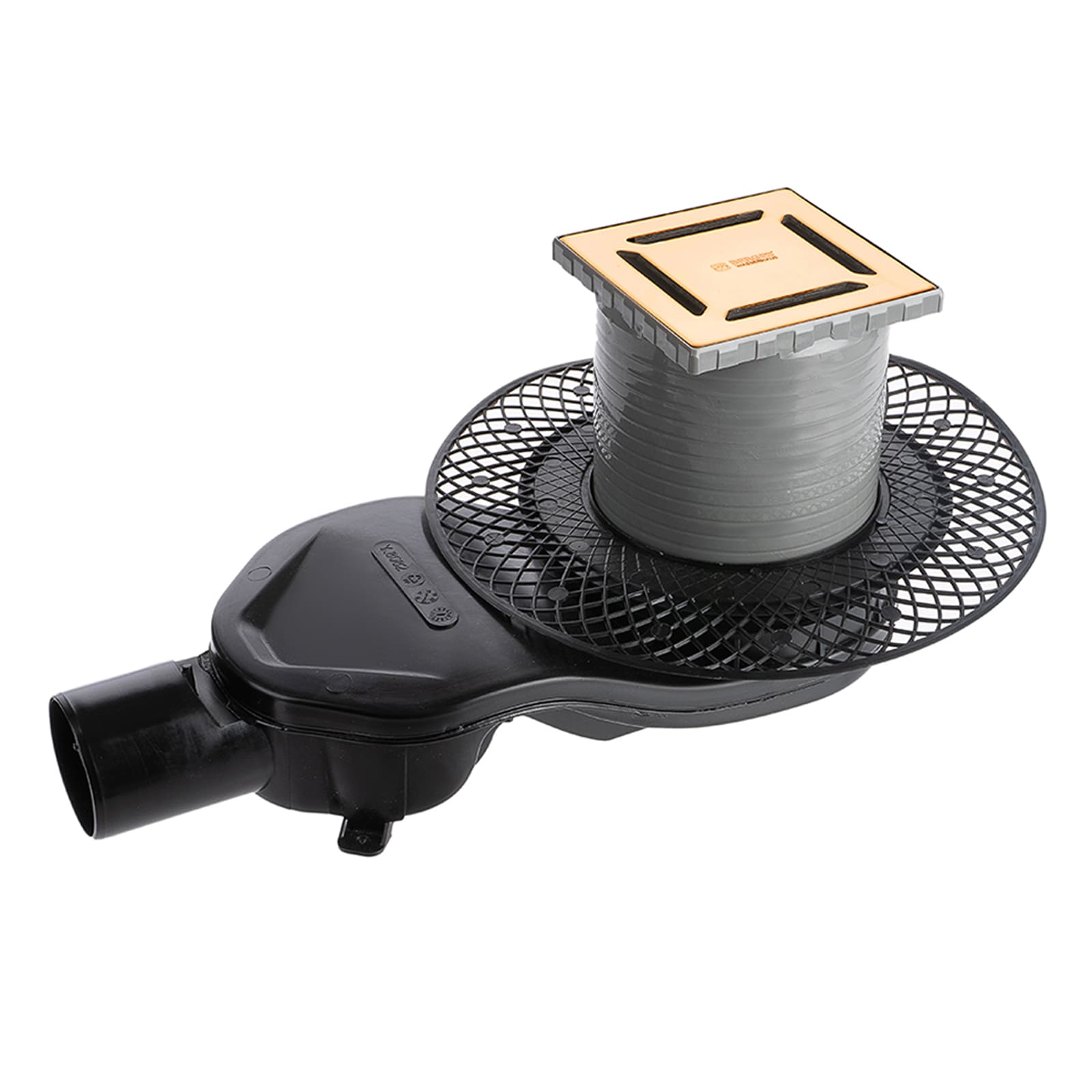 Трап водосток PLATZ Norma 100х100, золото глянец, S-сифон D50 H60 боковой, BERGES