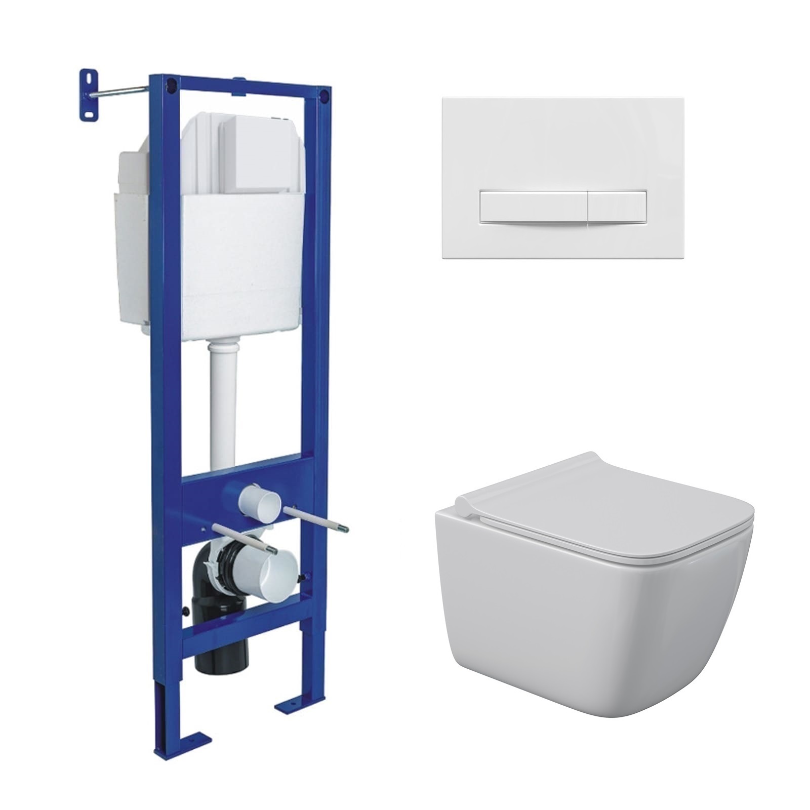 Комплект: инсталляция АТОМ Line кнопка белая, унитаз QUATTRO S Rimless 49 см, сидение дюропласт микр