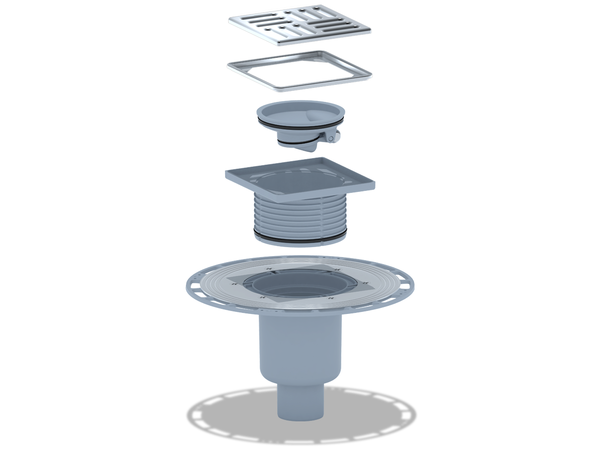 Трап для душа АНИ Пласт THQ5714M DN50 вертикальный регулируемый с сухим затвором, решёткой и обрешёткой из нержавеющей стали 120х120 мм