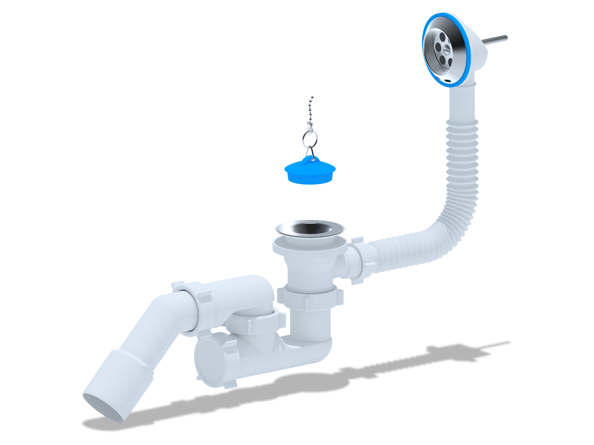 Сифон для ванны АНИ Пласт E251 1 1/2 дюйма регулируемый с переливом и переходной трубой 45 градусов 40х50