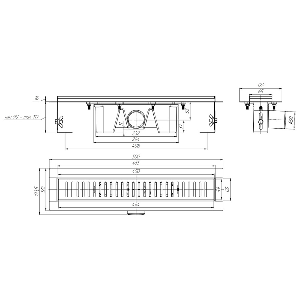 Трап линейный из нержавеющей стали АНИ Пласт TLZ2445M DN50 с комбинированным затвором матовой решёткой Бимс 450х65 мм