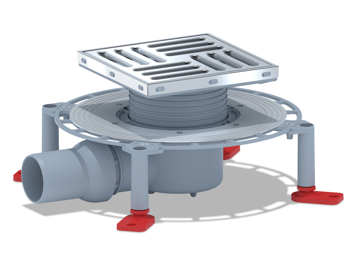 Трап горизонтальный регулируемый АНИ Пласт TVA5612 выпуск 50 мм с решеткой из нержавеющей стали 150х150 мм