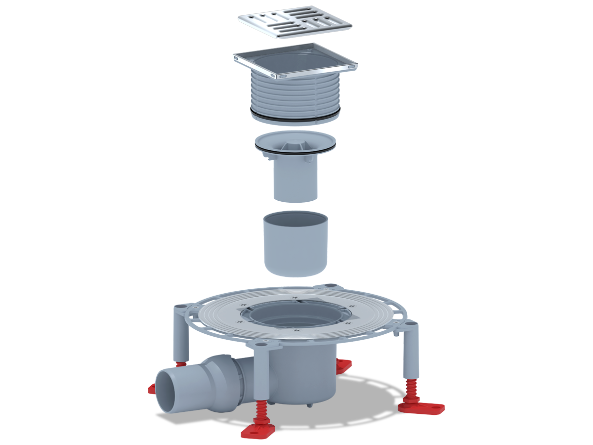 Трап горизонтальный регулируемый АНИ Пласт THA5602 выпуск 50 мм с решеткой из нержавеющей стали 100х100 мм