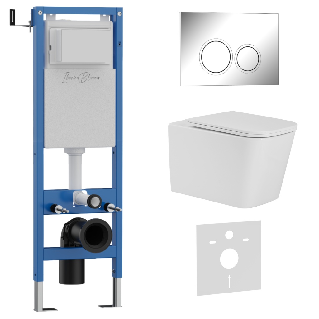 Комплект 3в1 IBERICA BLANCA инсталляция SILENCIO MINI, унитаз TOLEDO ALTO белый, кнопка смыва ESTI-O хром глянцевый (IB.001M.TLA.234.823)