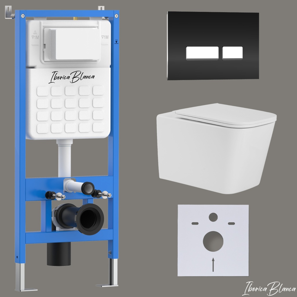Комплект 3в1 IBERICA BLANCA инсталляция SILENCIO, унитаз TOLEDO ALTO белый, кнопка смыва CRYSTAL-R черный глянцевый (IB001.TLA.234.2211)
