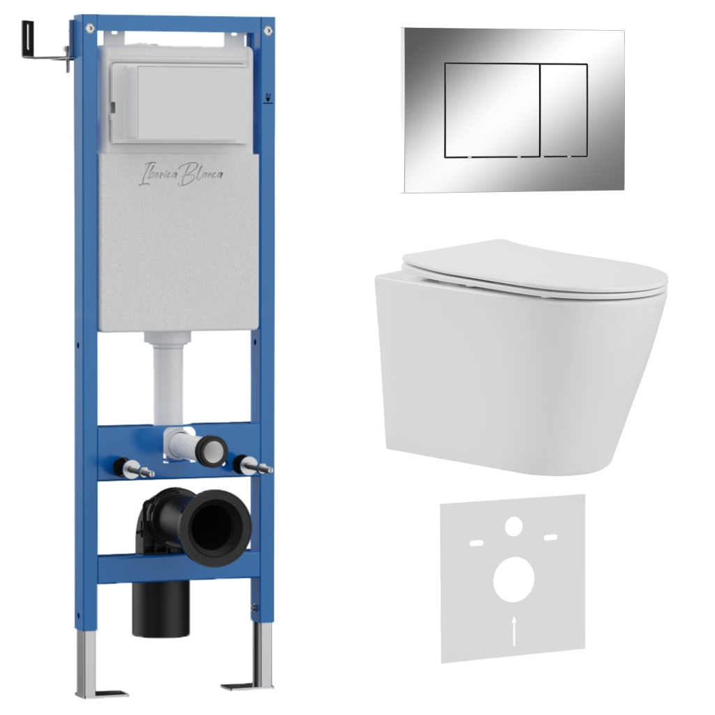 Комплект 3в1 IBERICA BLANCA инсталляция SILENCIO MINI, унитаз BURGOS ALTO белый, кнопка смыва ESTI-S хром глянцевый (IB.001M.BRA.234.852)