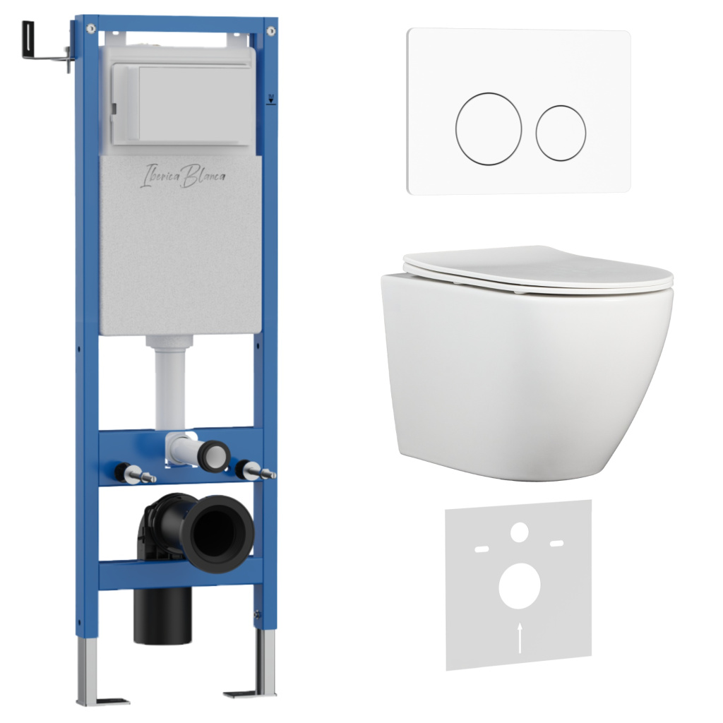 Комплект 3в1 IBERICA BLANCA инсталляция SILENCIO MINI, унитаз BILBAO ALTO белый, кнопка смыва INOX-O белый матовый (IB.001M.BLA.234.811)