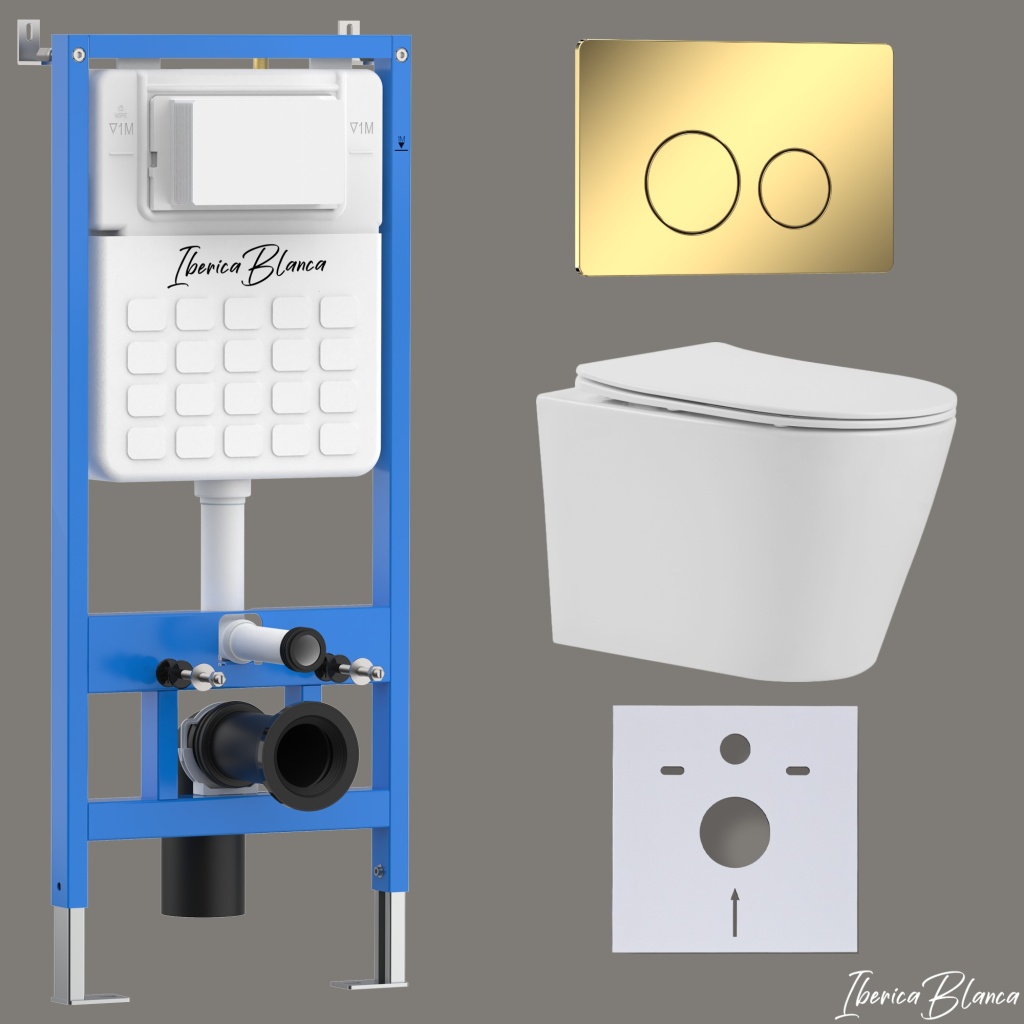 Комплект 3в1 IBERICA BLANCA инсталляция SILENCIO, унитаз BURGOS ALTO белый, кнопка смыва INOX-O золото глянцевое (IB001.BRA.234.816)